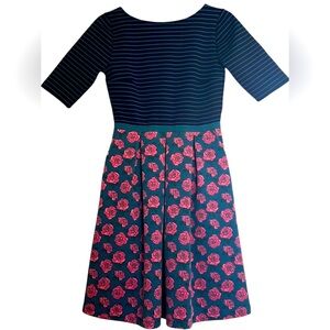 MATILDA JANE Peyton Fit and Flare Floral/Striped Ponte Dress, Size XS, EUC
